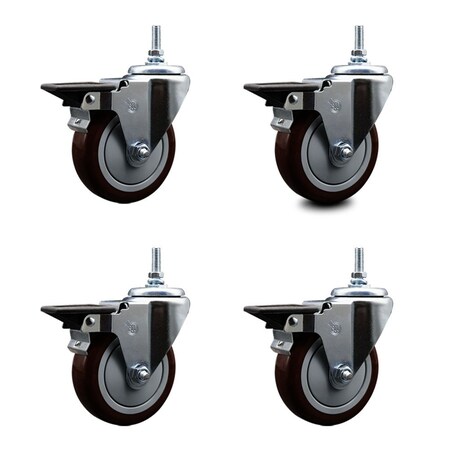Service Caster 4 Inch Maroon Polyurethane 38 Inch Threaded Stem Caster Set with Brake SCC-TS20S414-PPUB-MRN-PLB-381615-4